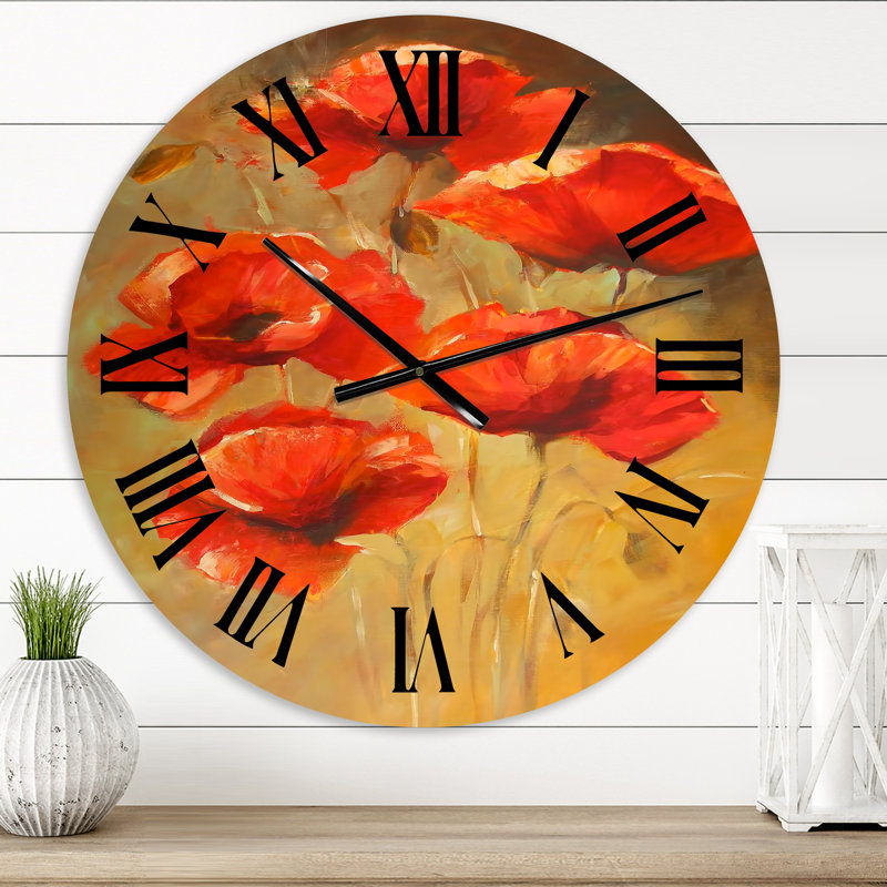 Vintage Blooming Poppies II - Horloge murale traditionnelle, Surdimensionné