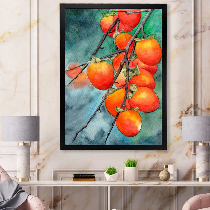 Ripe Persimmons on Branches on Green - peinture sur toile, H 40 po x l 30 po x P 1,5 po, Cadre photo noir