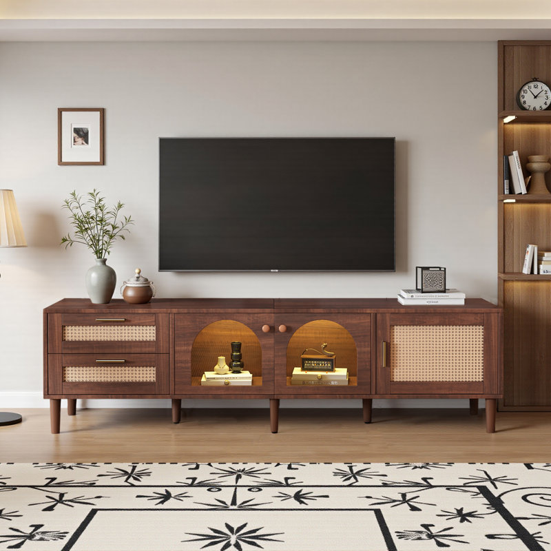 Rattan TV Stand With 3 Cabinets & 2 Drawers, Media Console Table For Tvs Up To 80" With LED Light, Entertainment Center