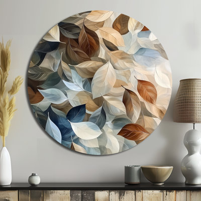 Wind Blown Almond Leaves I - Traditional Brown Metal Wall Decor, Leaves Round Metal Art