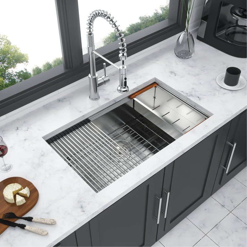 30"X19"X10" Undermount Workstation Sink Of 16 Gauge Stainless Steel, With Built-In Ledge For Accessories Movement, X-Shaped Water Guide Efficient Drain, R10 Corners Food Placement, Condensation