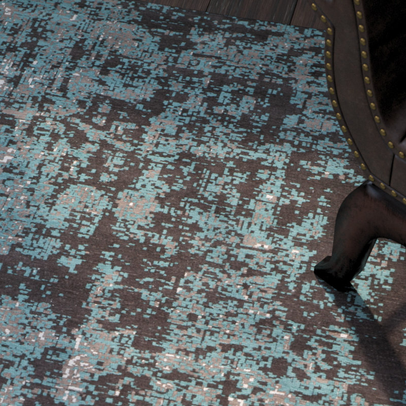 Tapis bleu / brun à motif abstrait Khemis, Carré 6 pi
