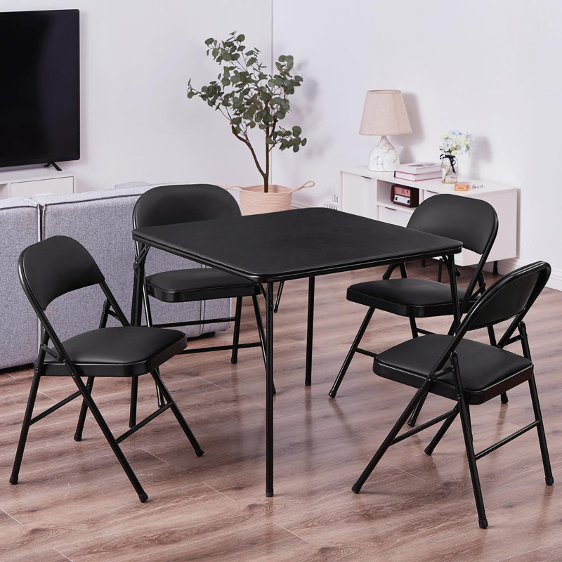 Folding Card Table And Chair Set Of 5 Portable With Padded Tabletop, No Assembly Required, Black
