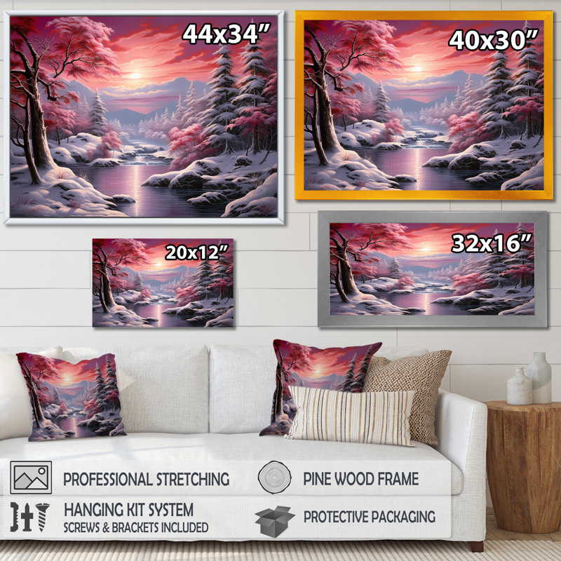 «White Snowy Trees by The River At Red Sunset I», impression sur toile, Cadre photo noir, H 12 po x l 20 po x P 1 po