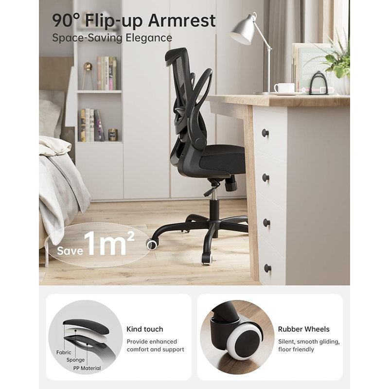 Chaise de bureau avec support lombaire réglable et accoudoir rabattable, chaise d'ordinateur en filet respirant pour bureau à domicile, noir