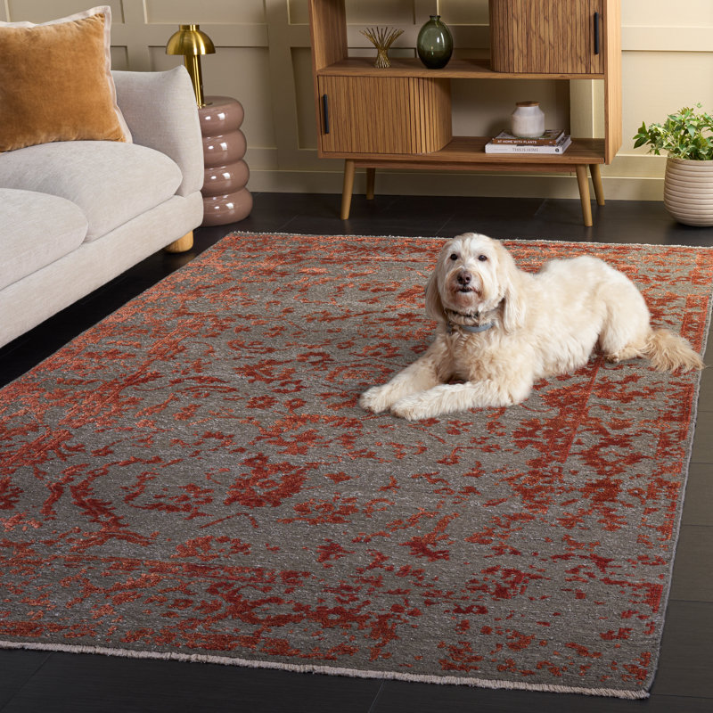 Rectangle Centennial Floral Hand-Knotted Cotton/Viscose Area Rug in Gray/Red, Rectangle 6' x 9'