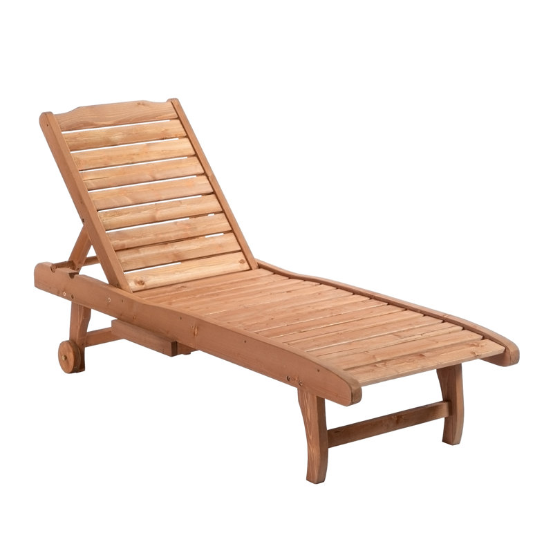 Outdoor Chaise Lounge Pool Chair, Built-In Table, Reclining Backrest For Sun Tanning/Sunbathing, Rolling Wheels, Red Wood Look
