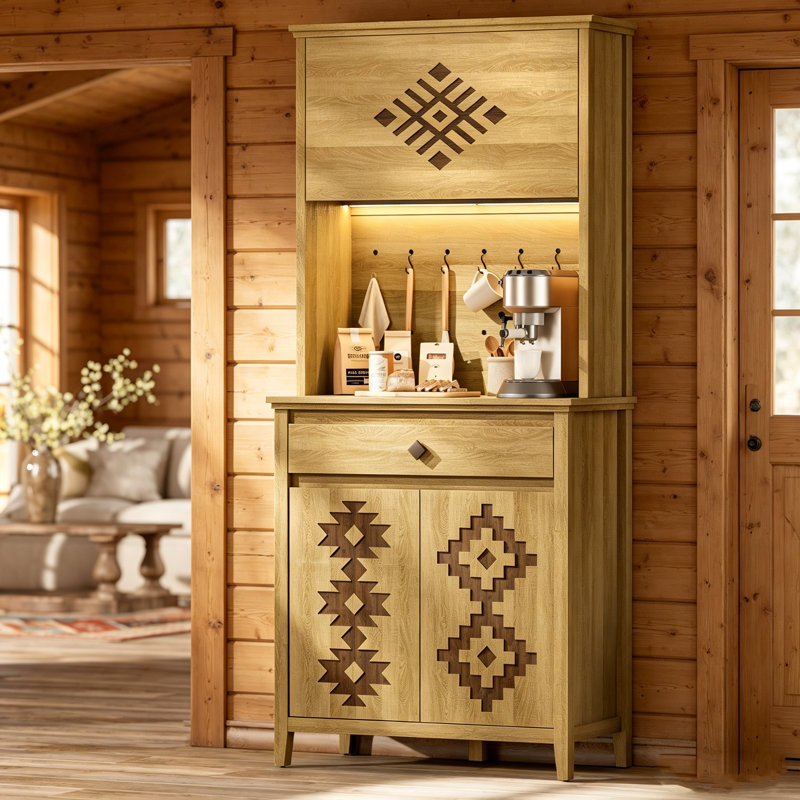Armoire de rangement de 72 po de hauteur, éclairage DEL et prise de courant, armoire de rangement à tablettes réglables pour la cuisine, chêne naturel