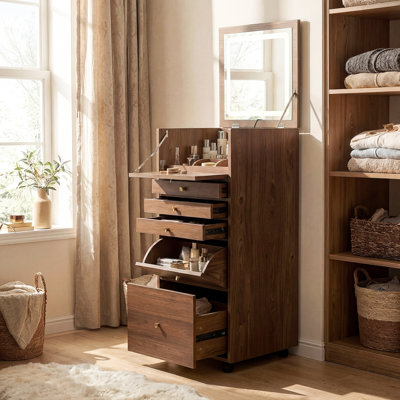 Armoire à bijoux 3 en 1 avec miroir, rangement intelligent et armoire mobile, roulettes verrouillables