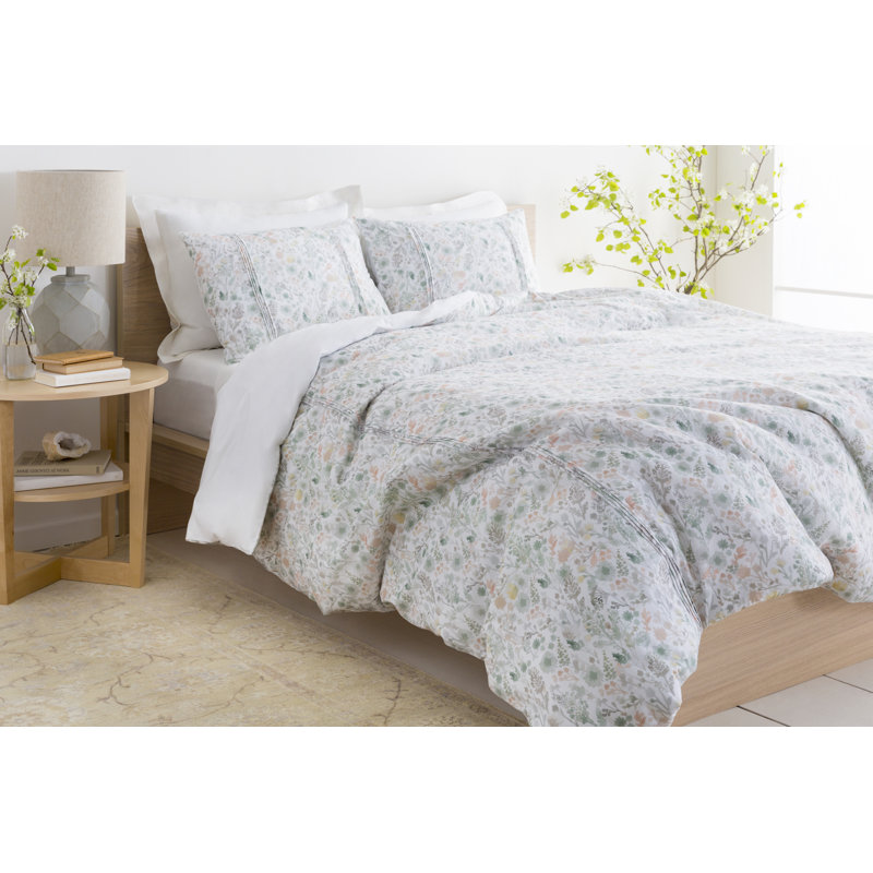 Aria Traditional Cotton Floral Duvet Cover, Full / Queen, Dark Green/Ivory/Khaki/Beige
