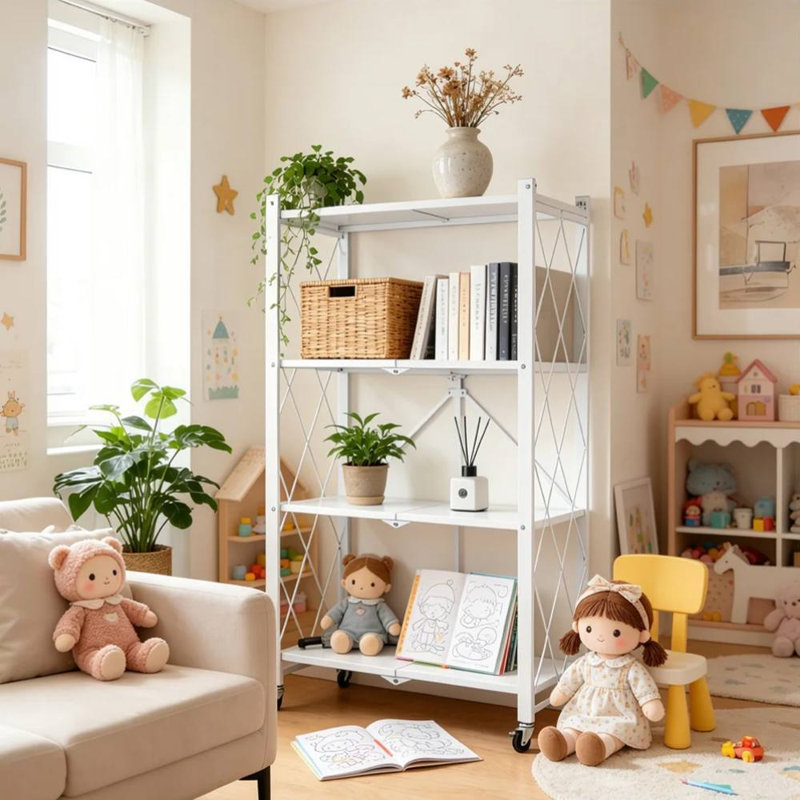 4 Tier White Folding Shelf on Wheels