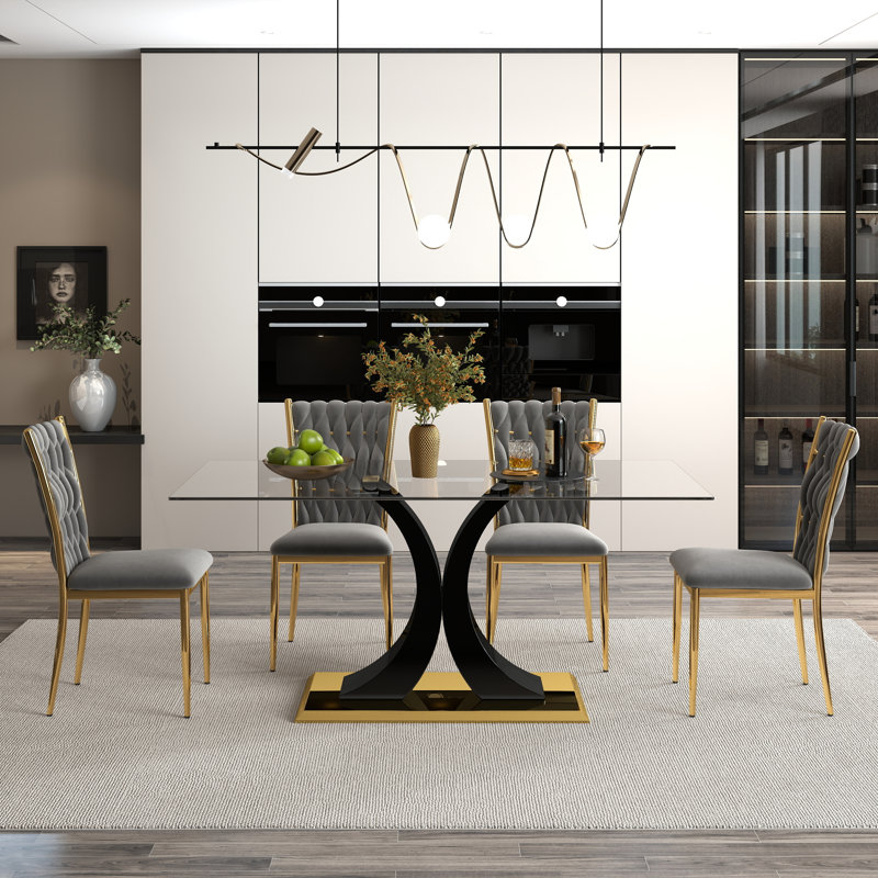 Ensemble de salle à manger moderne en verre, base en métal doré et chaises en velours 4/6 pour la cuisine et la salle à manger