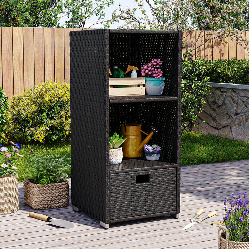 Outdoor Wicker Storage Cabinet with Drawer 3-Tier Poolside Storage Shelf for Garden, Backyard, 70 Gallons