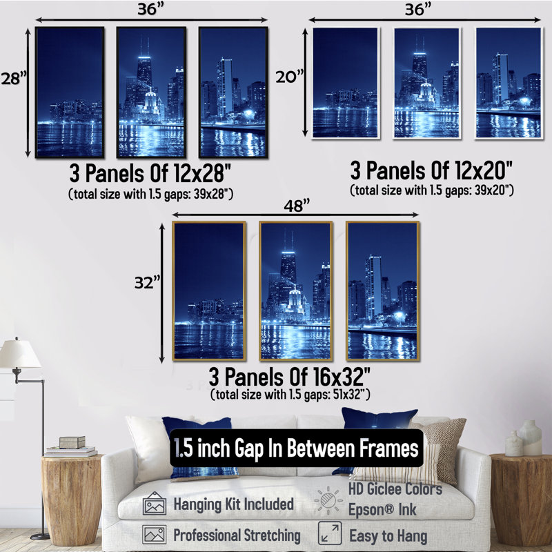 «Blue Chicago Skyline Night - Cityscape», ensemble d'art mural sur toile, L 36 po x H 28 po, Blanc