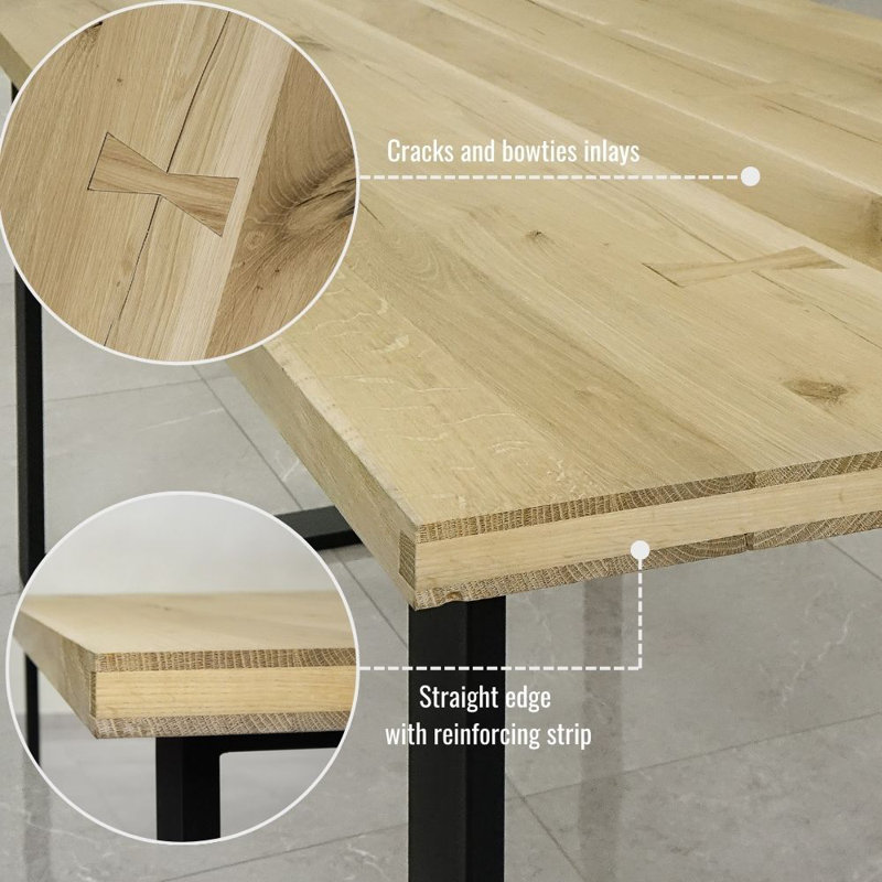 Blazewood Oak Unfinished Solid Wood Top Metal Base Dining Table, 90cm W x 200cm L, Oak
