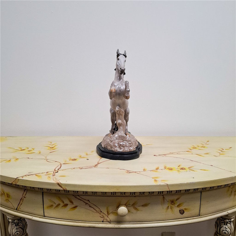 Porcelain Horse Figurine With Small Bronze Grass Accents on Wood Base