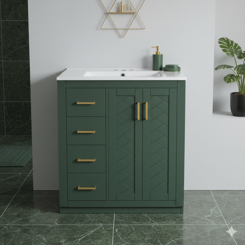 Ensemble de meuble-lavabo 30 po avec lavabo en céramique, armoire de rangement à cadre en bois massif, ensemble de meuble-lavabo autoportant avec trois tiroirs et portes à fermeture en douceur