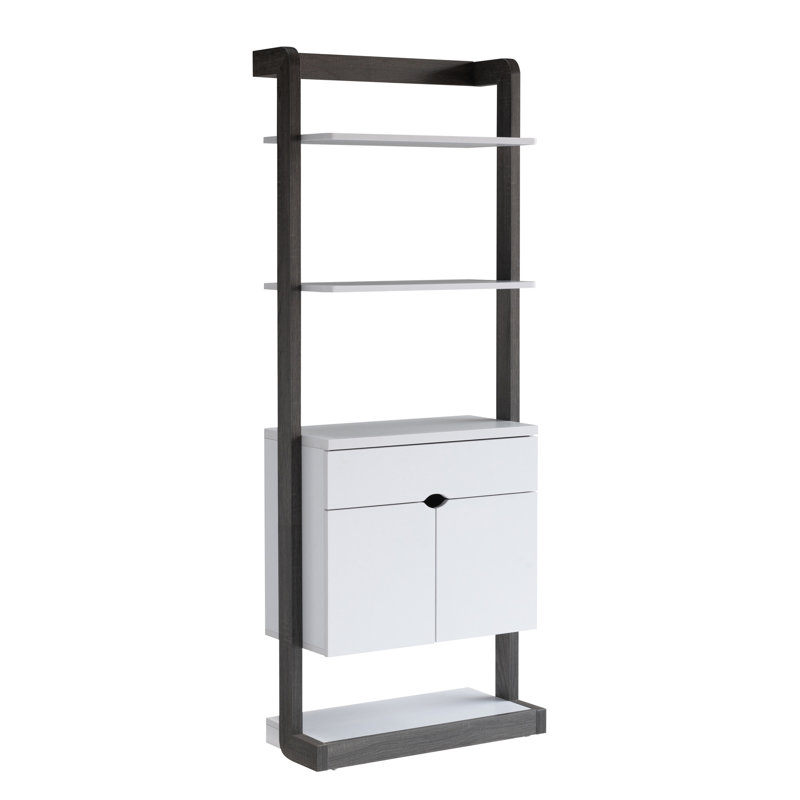Bibliothèque contemporaine avec quatre tablettes ouvertes, un tiroir et deux armoires blanches et grises pour l'organisation des étagères de rangement, poignées -