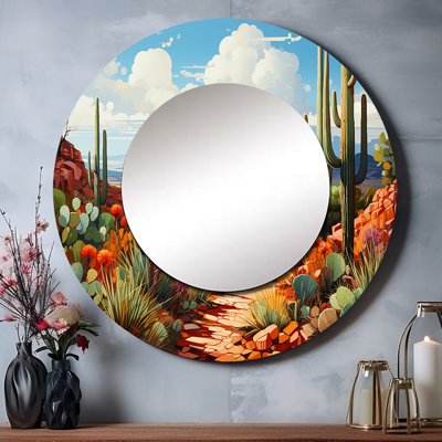 Coral Green Cactus Desert Guardian Organ - Cactus Decorative Wall Mirror, Traditional Round Mirror, Printed Metal Art