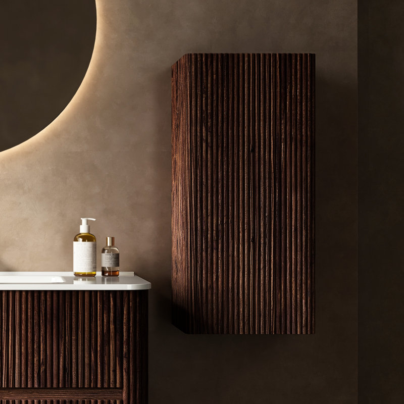 Unité de rangement pour salle de bain, 14 po, noyer rétro rayé, avec porte et tablette, armoire latérale moderne 14 po,