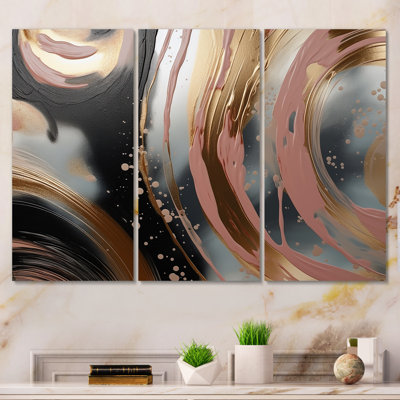 Abstrait, or et rose, encre liquide, cercles I - encre liquide abstraite, art mural