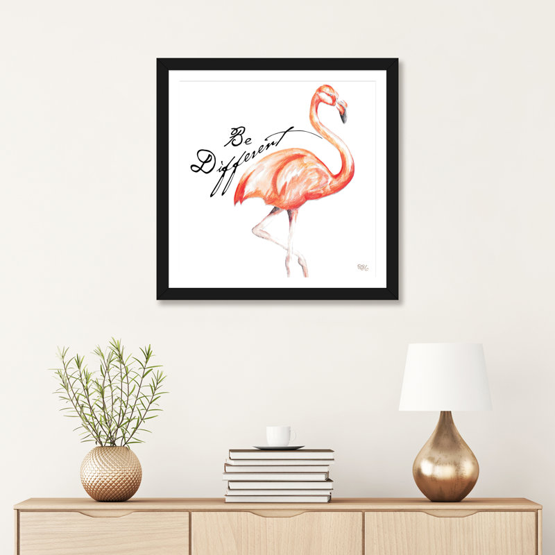 «Be Différent Flamingo I» par Tiffany Hakimipour - impression d'art graphique, Blanc, Papier encadré noir