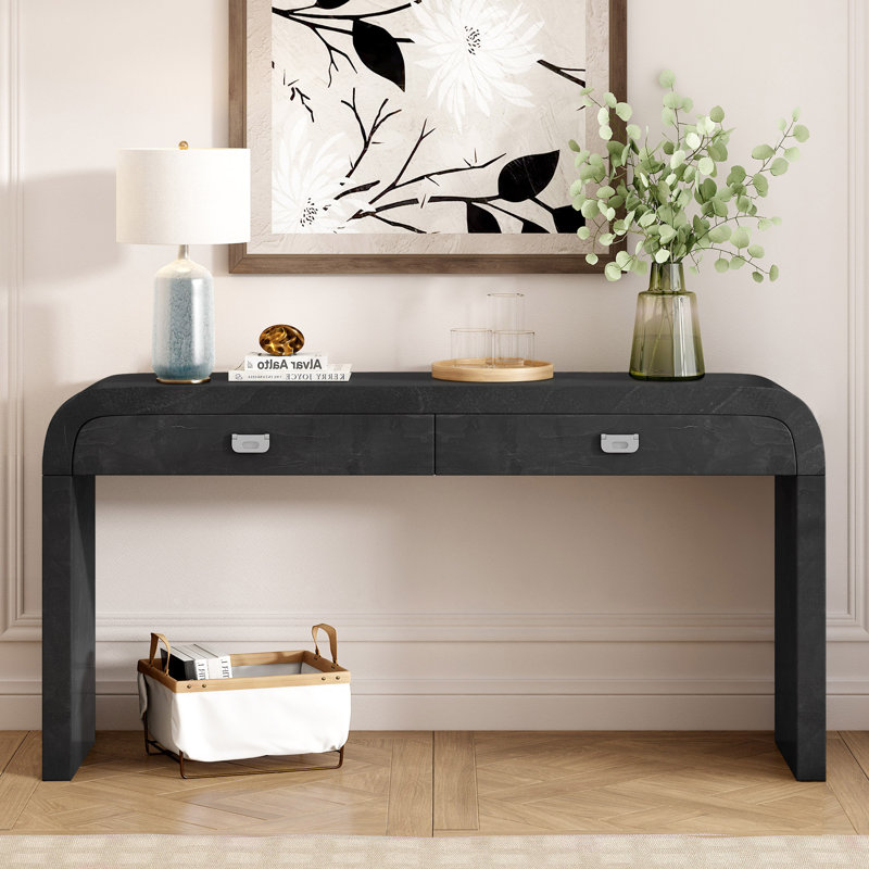 Faelina 60" Wood Console Table with Drawers– Handcrafted Elegance with Sleek Curves, Black, 31.7" H x 60" W x 15.7" D