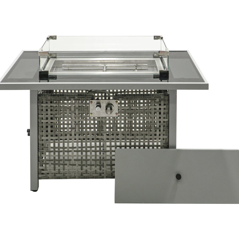 43 Inch Rectangular Propane Fire Pit Table, 60000 , Open Weave In Grey, With Blue Glass Stone Decoration And Tempered Wind Guard For Outdoor Recreation 43" Grey Gas Removable Lid, Guard, 20Lbs