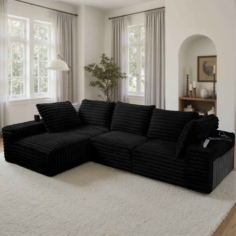 Très grand canapé rembourré en velours côtelé de 114 po avec station de charge et porte-gobelets, ensemble de compression, canapé moderne à 3 places pour le salon, noir / gris foncé