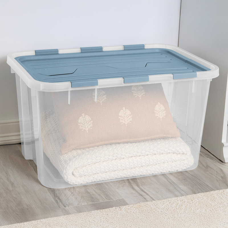 Sterilite 60 Qt Hinged Lid Storage Box, Plastic Container, Washed Blue, 18 Pack, 60 qt.