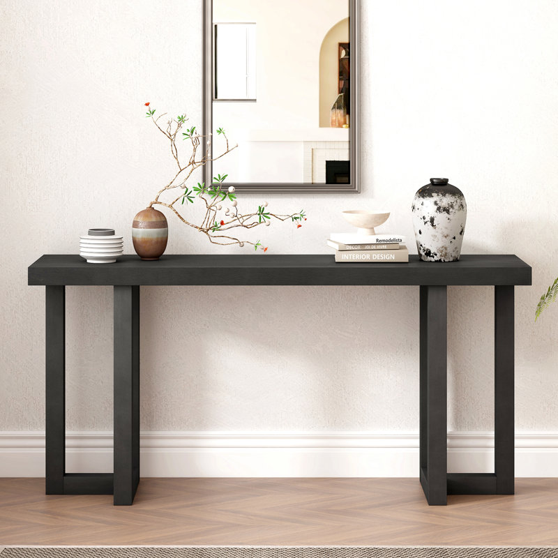 Geometric Design Console Table With Solid Pine Legs,Suitable For Entryway, Hallway, Living Room, Bedroom, Black