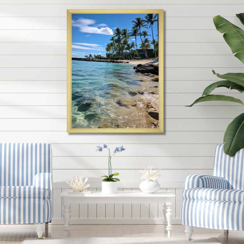 «Blue Pristine Coastal Haven I», art mural plage, Cadre doré simple, H 40 po x l 30 po x P 1,5 po
