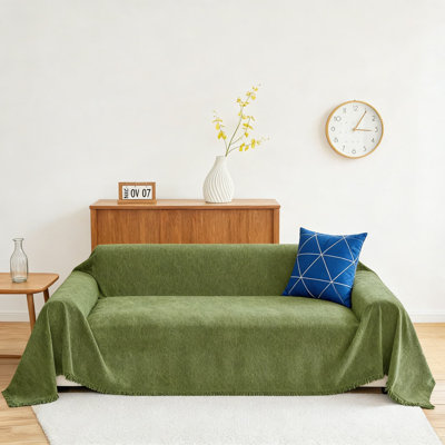 Chenille Sofa Cover With Tassels, Washable Dog & Pet Proof Slipcover For Sectional, Loveseat, Or 3 Cushion Couch, Thick Anti-Slip Protector Throw Blanket