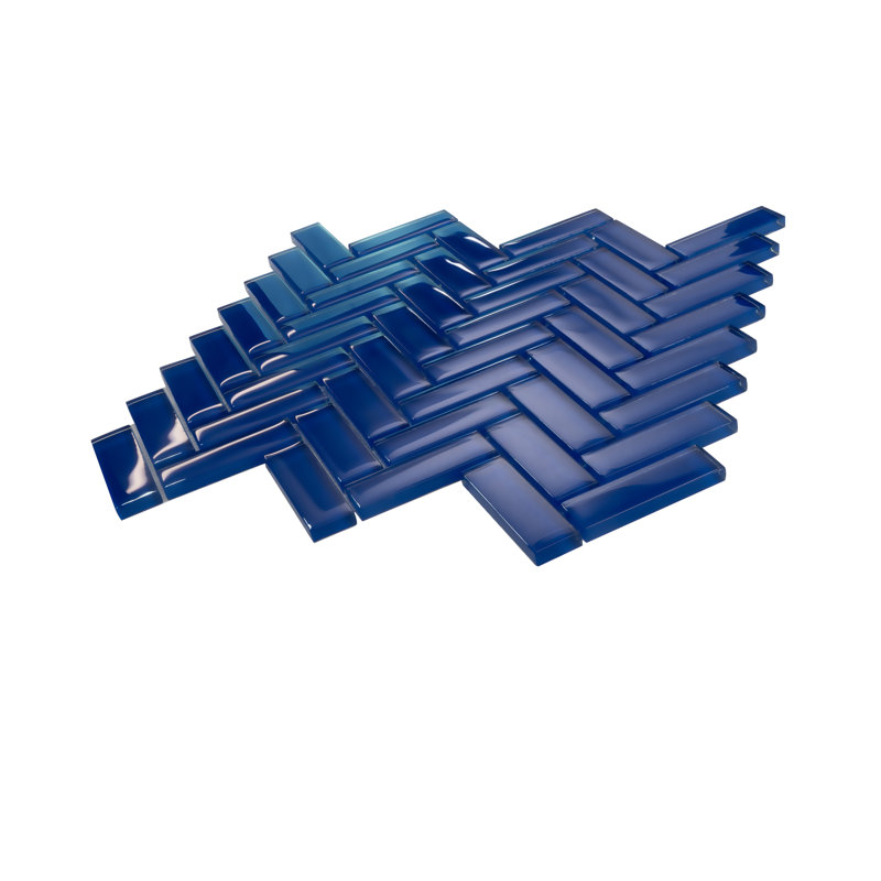 11"X 12.6" Herringbone Polished Glass Mosaic Tile, Cobalt Blue