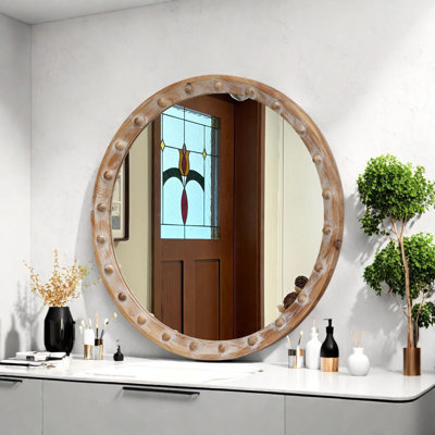Miroir mural vintage rétro rustique avec cadre en bois vieilli et détail de rivet, 23,62 po