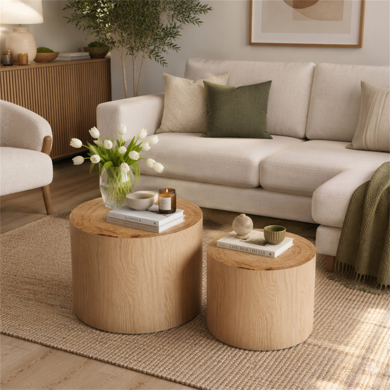 Ensemble de 2 tables basses gigognes, tables basses rondes modernes, tables d'appoint circulaires en bois pour petits espaces salon chambre balcon bureau table d'appoint tambour
