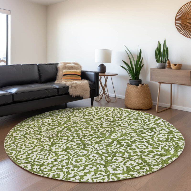 Premium Machine Washable Prisco Olive Rug, Round 8'