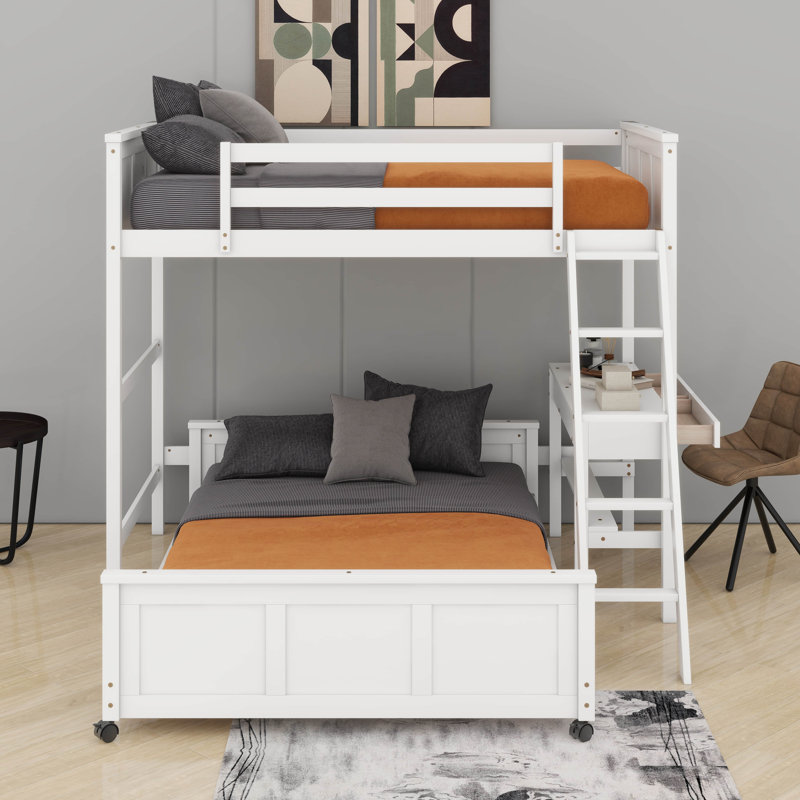 Lit simple superposé au dessus d'un lit double avec bureau, Blanc
