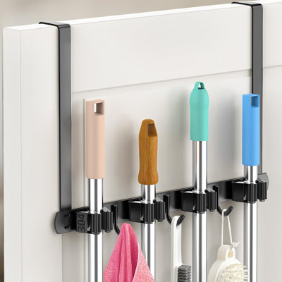 Porte-serpillière et balai en acier inoxydable 304 fixé au mur ou suspendu au-dessus de la porte avec crochets