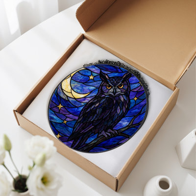 12"H Owl Night Stained Glass Window Panel