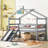 Twin Low Loft House Bed With Slide,  Ladder, Safety Guardrails, House Roof Frame,Grey