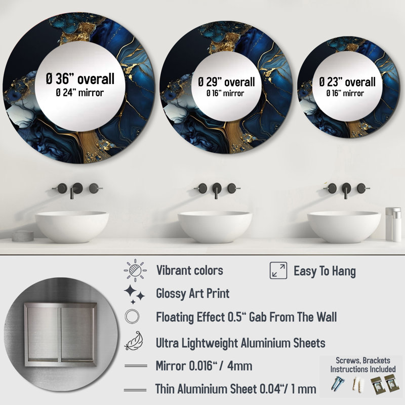 Punita Abstract Geode Gold And Blue Marble V - Marble Wall Mirror, Blue Round Decorative Mirror, Printed Metal Art, 23" x 23"