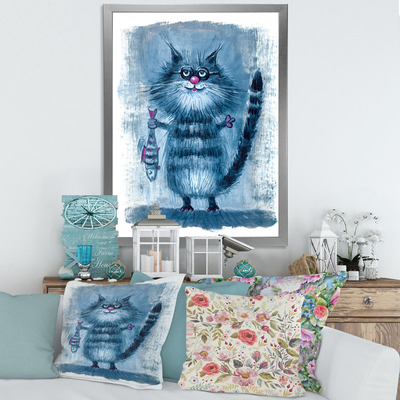 Chat tenant un poisson dans ses griffes - peinture sur toile, H 40 po x l 30 po x 1,5 po, Encadrement argenté