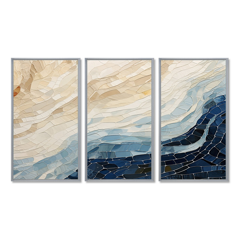 «Abstract Breaking Waves Blue» - ensemble d'art abstrait mural, H 28 po x l 36 po x P 1 po, Encadrement argenté