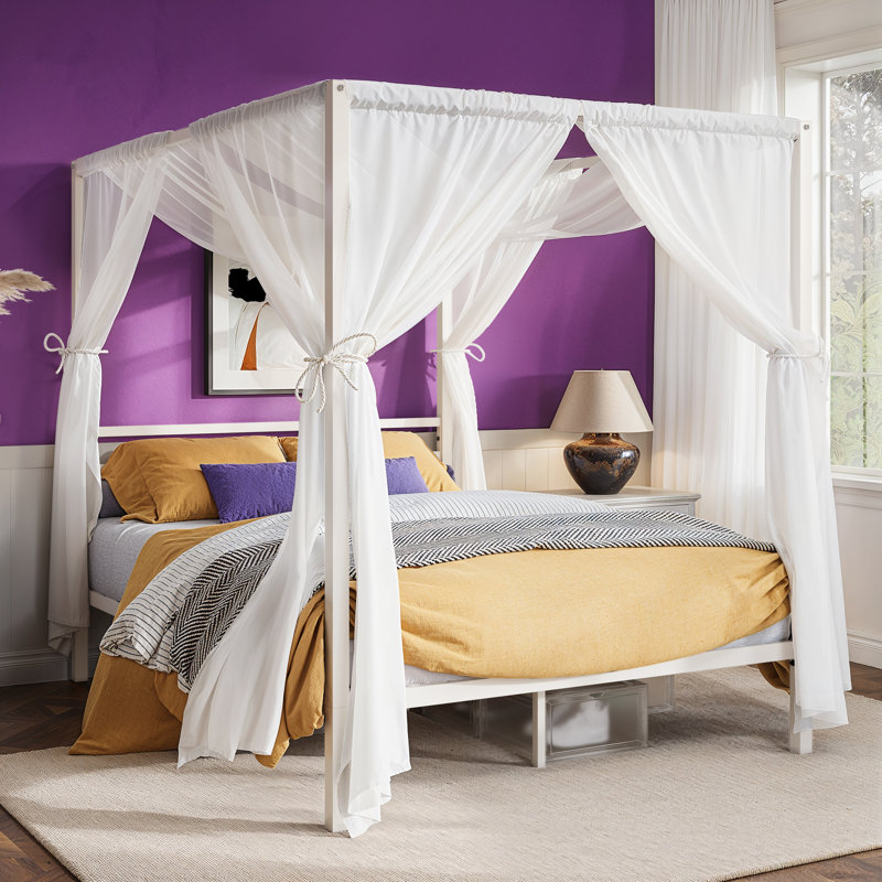 Metal Canopy Bed Frame With Four Poster, Full, White