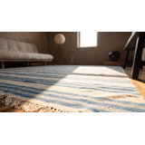 Large Size Antique Cotton White and Blue Stripes Flatweave Indian Dhurrie Rug