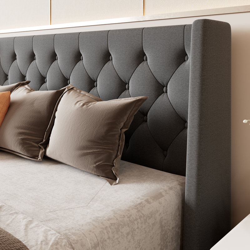 Hilbert Upholstered Low Profile Platform Bed Frame with Headboard, Queen, Dark Gray