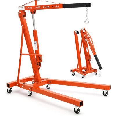 2 Ton Engine Hoist, Folding Hydraulic Cherry Picker Shop Crane with 6 Casters & Telescopic Boom, Heavy Duty Crane for Auto Repair Shops, Workshops, Warehouses, Orange