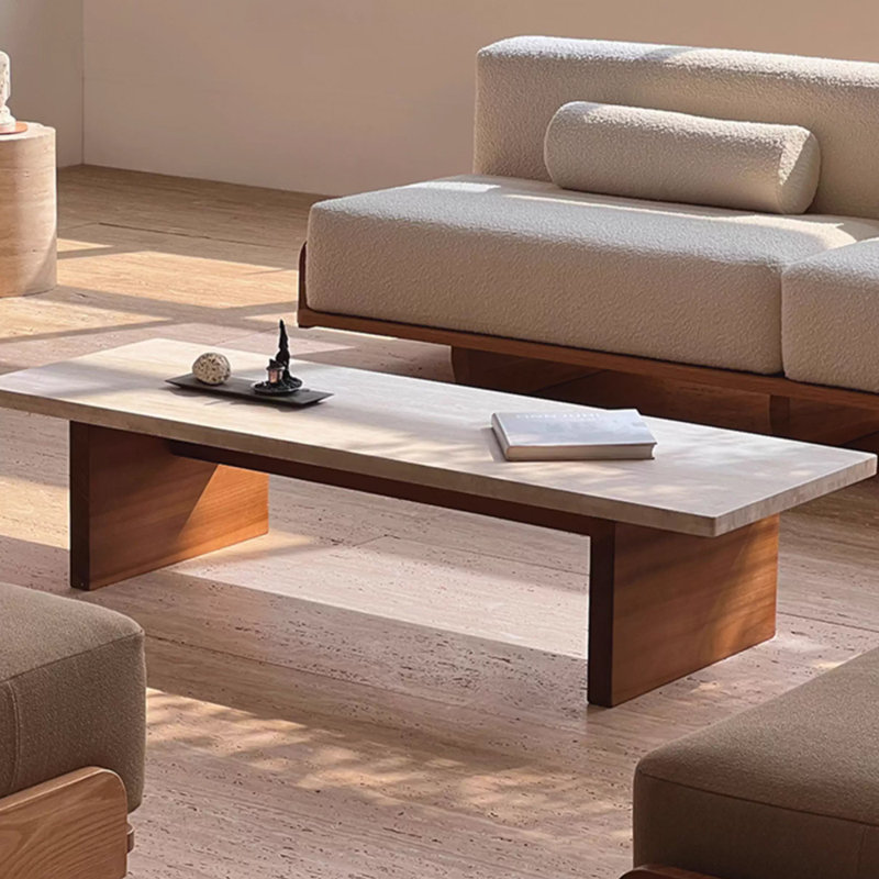 Wabi-sabi style natural travertine coffee table, 13.77" H x 47.24" L x 19.68" W