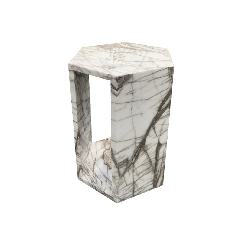 Table hexagonale en marbre véritable de 15,7 po avec lustre de haute qualité, idéale pour exposer des sculptures dans de petits espaces de vie